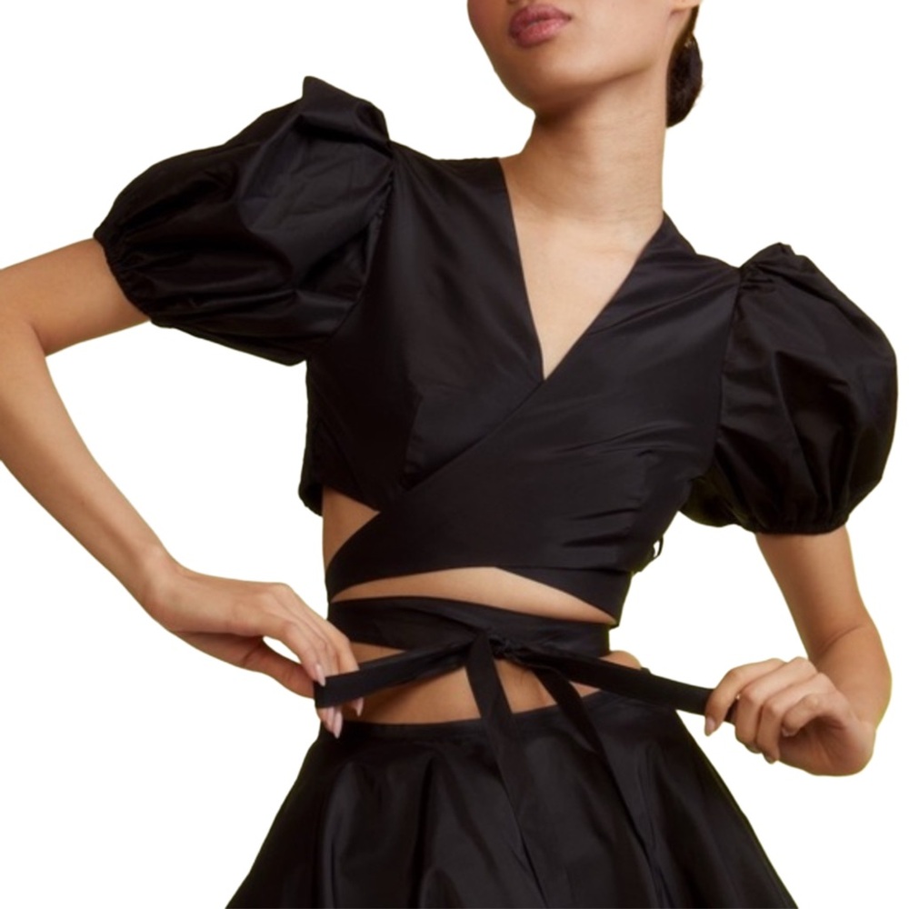 Cynthia Rowley NWT 100% Silk Puff Sleeves Wrap Around Straps Cropped Top